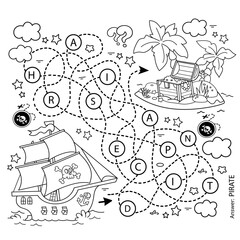 Wall Mural - Maze or Labyrinth Game. Puzzle. Tangled road. Coloring Page Outline Of cartoon pirate ship with treasure island. Coloring book for kids.