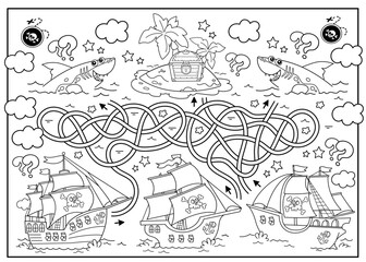 Wall Mural - Maze or Labyrinth Game. Puzzle. Tangled road. Coloring Page Outline Of cartoon pirate ships with treasure island. Coloring book for kids.