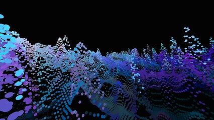 Poster - colorful abstract dancing particle wave, mountain on black background, circle mesh