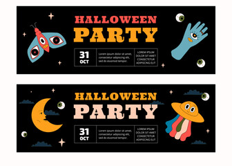 A set of two horizontal Halloween party banner templates. The design is in the style of groovy and old cartoon.