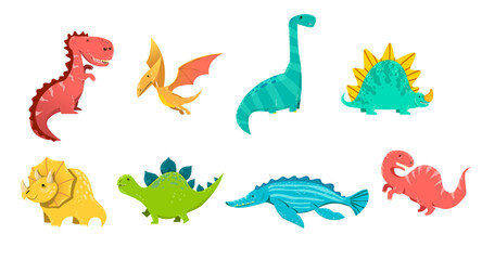  Cute set of prehistoric dinosaurs. Vector illustrations of baby dino and funny dragons. Cartoon collection with stegosaurus triceratops pterodactyl isolated on white. Ancient animals, wildlife concept
