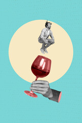 Sticker - Creative abstract template graphics image of flying air guy jumping inside wineglass isolated drawing background