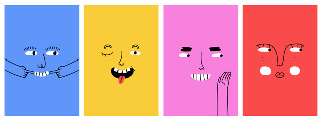 Wall Mural - diverse people face doing funny hand gesture and emotion. colorful avatar design set, modern flat ca