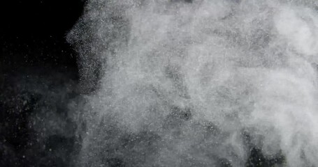 Wall Mural - Whirlpool of Mixed Particles of Dust, Flour, Debris, Flying on Black Background. Dynamic particles of white powder, snow, flake, smoke randomly rotate, swirl, float, fall in air through space in fog.