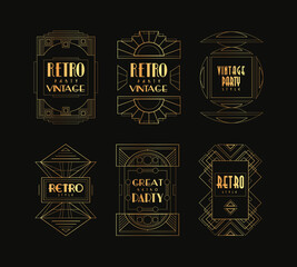 Wall Mural - Art Deco Vintage and Retro Golden Line Frame and Emblem Isolated on Black Vector Set