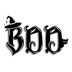 Wall Mural - Boo letters Halloween card or tshirt design with witch hat and black cat decorations