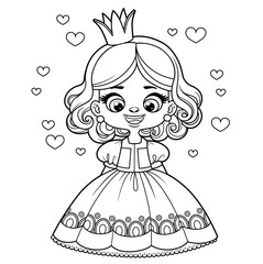 Poster - Cute cartoon curly haired girl in a princess dress outlined for coloring page on white background