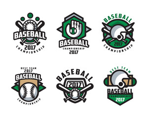 Wall Mural - Baseball Championship Badge and Emblem with Bat, Ball, Glove and Helmet Vector Set