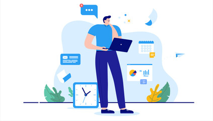 Leinwandbilder - Busy man working with data and computer standing holding laptop with busy schedule and lots of work to do. Flat design vector illustration with white background