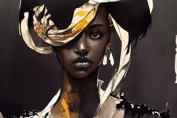 Painted portrait of the confidence African fashion model in brown colours, ai generated, is not based on any real image or character