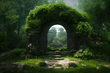 Stone Portal In The Middle Of The Garden Of Eden, Lush Green Foliage, Beautiful Nature Background Wallpaper, Cg Illustration