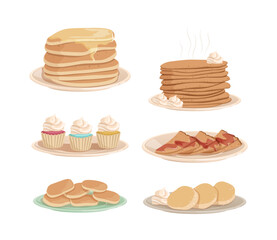 Sticker - Tasty Desserts with Cupcake with Whipped Cream and Pile of Pancakes on Plate Vector Set