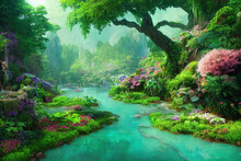 Graden Of Eden, Colorful Flowers, Beautiful Lush Nature Background Wallpaper, Cg Illustration