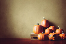 Pumpkins On A Pallet, Spooky Face Pumpkin, Halloween Composition.
