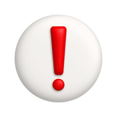 Red exclamation mark symbol on white button. Attention or caution sign icon. 3d realistic design element.