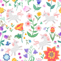 Fairytale seamless pattern. Cute unicorns and butterflies among flowers. Colorful vector illustration.