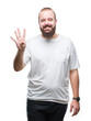© Krakenimages.com - Young caucasian hipster man wearing casual t-shirt over isolated background showing and pointing up with fingers number four while smiling confident and happy.