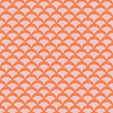 Vector Geometric Seamless Pattern In Retro Vintage Style. Simple Abstract Pink And Orange Background With Curved Shapes, Fish Scale, Peacock Ornament, Mesh. Subtle Minimal Geo Texture. Repeat Design