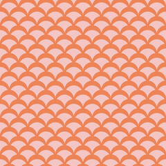 Wall Mural - Vector geometric seamless pattern in retro vintage style. Simple abstract pink and orange background with curved shapes, fish scale, peacock ornament, mesh. Subtle minimal geo texture. Repeat design