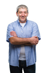 Handsome senior man over isolated background happy face smiling with crossed arms looking at the camera. Positive person.