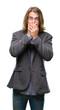 © Krakenimages.com - Young handsome business man with long hair over isolated background shocked covering mouth with hands for mistake. Secret concept.