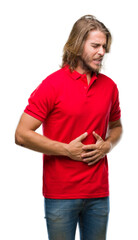 Poster - Young handsome man with long hair over isolated background with hand on stomach because indigestion, painful illness feeling unwell. Ache concept.