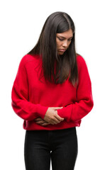 Wall Mural - Young beautiful hispanic wearing red sweater with hand on stomach because nausea, painful disease feeling unwell. Ache concept.