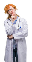 Sticker - Young redhead woman wearing doctor uniform looking confident at the camera with smile with crossed arms and hand raised on chin. Thinking positive.