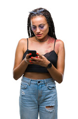 Wall Mural - Young braided hair african american with birth mark using smartphone over isolated background with a confident expression on smart face thinking serious