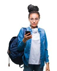 Wall Mural - Young braided hair african american student girl using smartphone over isolated background with a confident expression on smart face thinking serious