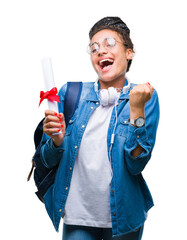 Poster - Young braided hair african american student girl holding degree over isolated background screaming proud and celebrating victory and success very excited, cheering emotion