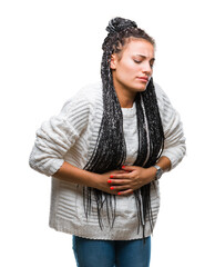 Canvas Print - Young braided hair african american girl wearing sweater over isolated background with hand on stomach because indigestion, painful illness feeling unwell. Ache concept.