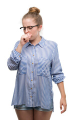 Sticker - Young blonde business woman feeling unwell and coughing as symptom for cold or bronchitis. Healthcare concept.