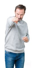 Canvas Print - Handsome middle age senior man wearing a sweatshirt over isolated background Punching fist to fight, aggressive and angry attack, threat and violence