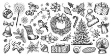Christmas Concept. Design Elements Hand Drawn In Sketch Vintage Style. Holiday Decorations Engraving Vector Illustration