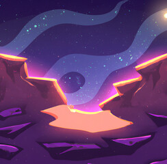 Illustration of cosmic background, alien planet deserted landscape with mountains, rocks, deep cleft and stars shine in space. Extraterrestrial computer game backdrop, haze and mist in the distance