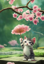 Cute Cat In A Japanese Garden Illustration. Beautiful Cat In 3D Render Style. Kitten Character In Traditional Japanese Style. Pink Japanese Flowers With A Cat