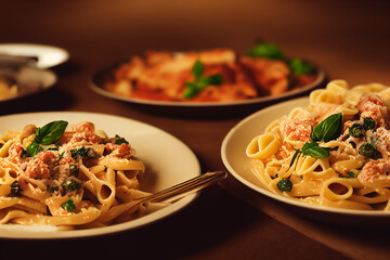 Pasta with tomato sauce, cheese and basil on table in the kitchen(Selective Focus). 2D Illustration.