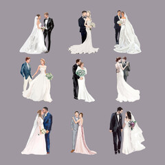 Set of hand drawn Bride and Groom watercolor vector illustration