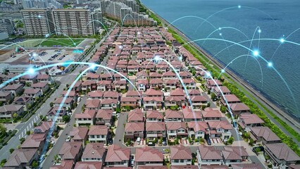 Aufkleber - 空撮した住宅地と通信ネットワーク