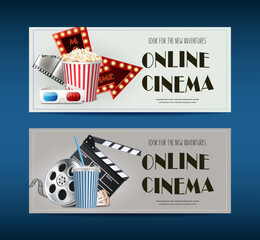 Wall Mural - 3d realistic vector banners. Movie cinema posters with popcorn, clipboard , tape and movie roll.