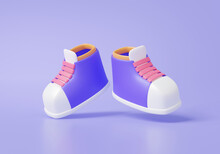3D Shoes Icon Colorful Cartoon Style Isolated Floating On Purple Pastel Background. Minimal Cute Smooth Sneakers, Element. 3d Rendering Illustration