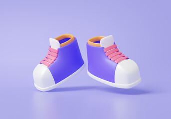 3D Shoes icon colorful cartoon style isolated floating on purple pastel background. Minimal cute smooth sneakers, element. 3d rendering illustration