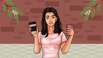 Wall Mural - young girl with coffee animation