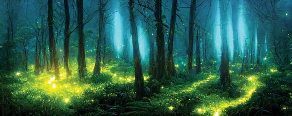 Wall Mural - Magical night forest, green fireflies, fairytale background or wallpaper