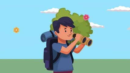 Wall Mural - male traveler with binoculars animation