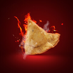 Wall Mural - Hot and spice aloo samosa dark red background.