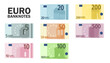 © PCH.Vector - Simple icons of euro banknotes for wallet isolated on white background. Cartoon money of bank in Europe flat vector illustration set. Cash of denomination of 5, 10, 20, 50, 100, 200, 500 euro notes