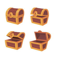 Empty Old Wooden Chest For Gold Treasure Set. Vector Illustrations Of Key Frames Animation. Cartoon Open And Closed Wood Box Of Lucky Pirate Isolated On White. Game Reward, UI Elements Concept