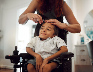 Haircut, special needs and cerebral palsy child at a hairdresser with a smile. Happy kid with a health condition getting a hair salon trim from a beauty therapist and professional feeling happiness